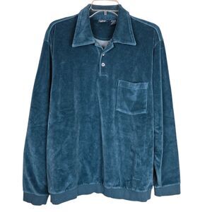 Vintage John Blair Velour Polo Collared Shirt L Tall Blue Retro Disco Rockabilly